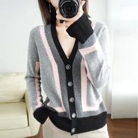 new womens v neck knitted cardigan with color strips fashionable all match vacation leisure office temperament trend top