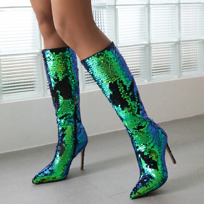 Fashion Glitter Shiny Upper Women's Knee High Boots High Thin Heels Shoes Side Zipper Pointed toe Party Long Booties for Ladies