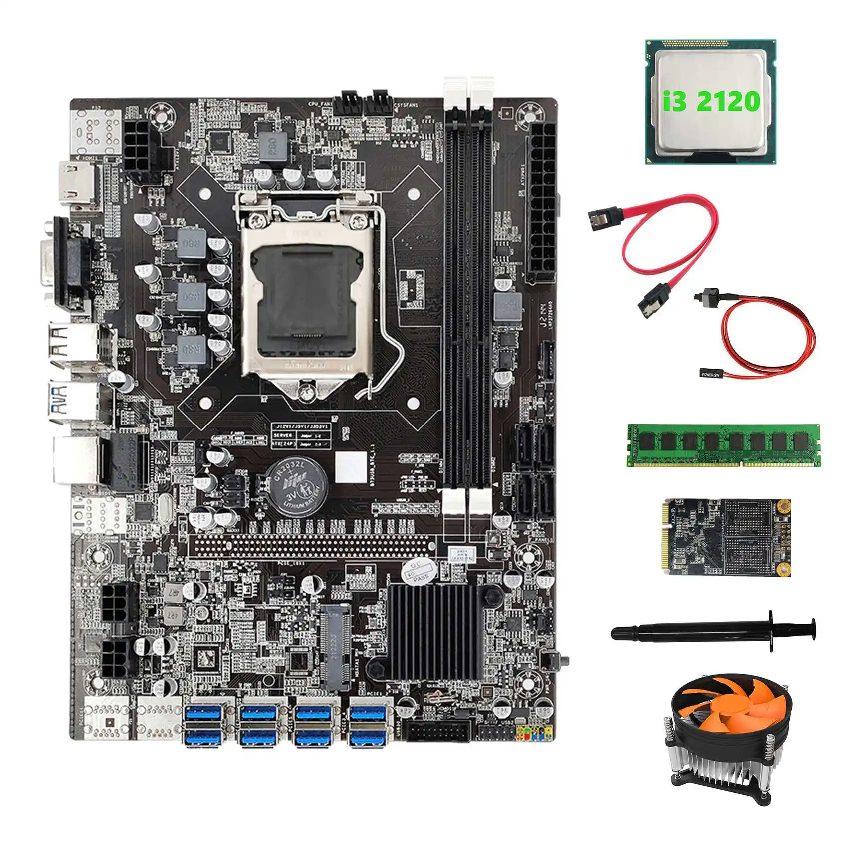 

B75 BTC Mining Motherboard 8XUSB3.0+I3 2120 CPU+DDR3 4GB RAM+128G SSD+Fan+SATA Cable+Switch Cable+Thermal Grease