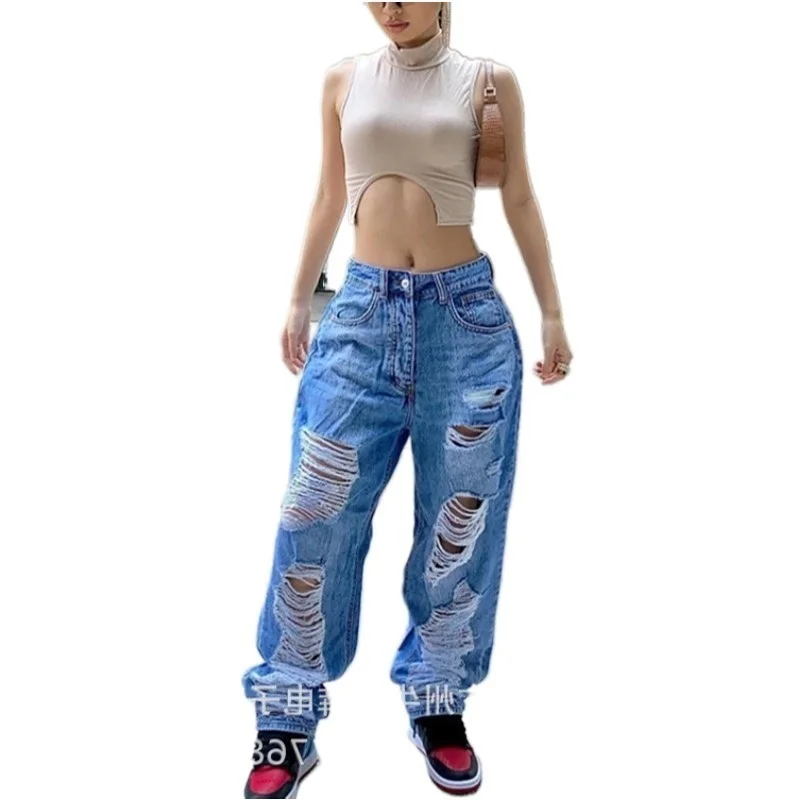 

Mid Waist Ripped Baggy Jeans Women Wide Leg Pants Mom Blue Trousers Loose Hole Vintage Streetwear Pantalones Spodnie Damski