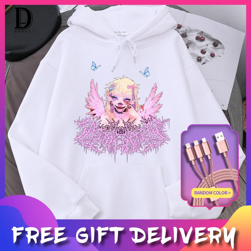 

Спортивный костюм женский утепленный с капюшоном, повседневный уличный Топ оверсайз в стиле Харадзюку, свитшот с принтом дьявольской девуш...