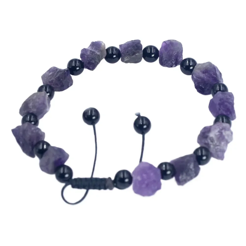 7-8 дюймов 10-11 мм вязаный натуральный необработанный аметист 6 черный обсидиан