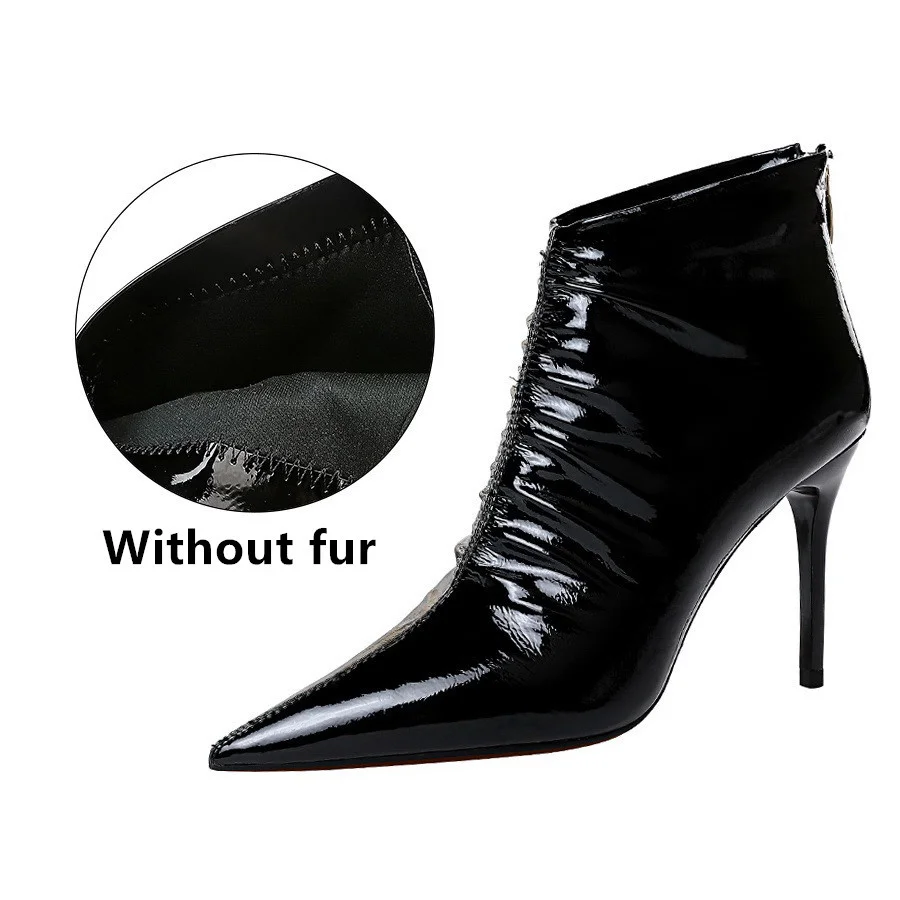 

Autumn Winter Patent leather Women Ankle boots Fashion Pleated thin High heels Office Lady Shoes Black Warm Short boots Shoes