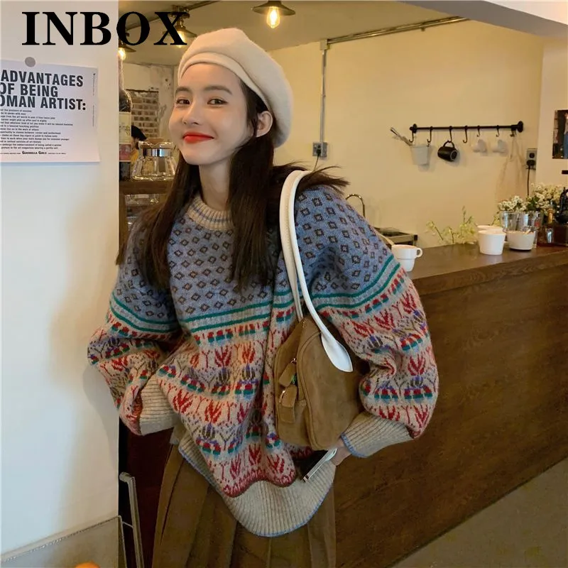 

Autumn And Winter Vintage Jacquard Knited Women Loose O-neck Full Sleeve Sweater Ladies Preppy Style Blue Pullovers