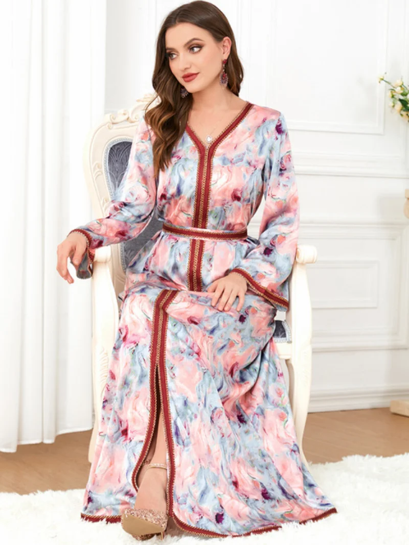 Abayas For Women Dubai Party Dresses V-Neck Long Sleeve Elegant Floral Print Belted Kaftan Ladies Dresses Abayat Ramadan
