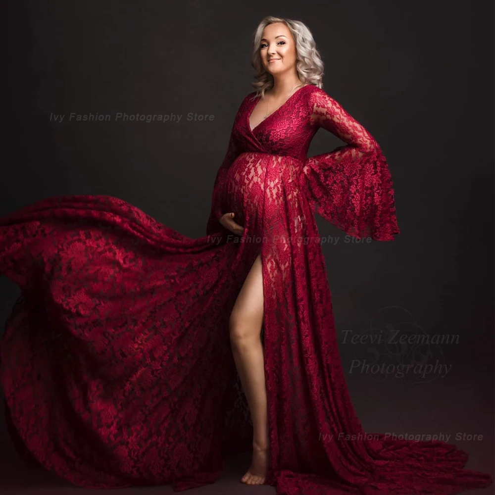 Maternity Photography Dresses Baby Shower Bohemian Photo Shooting Pregnancy Dress Flare Sleeves Red Rose Lace Long Floor Dress
