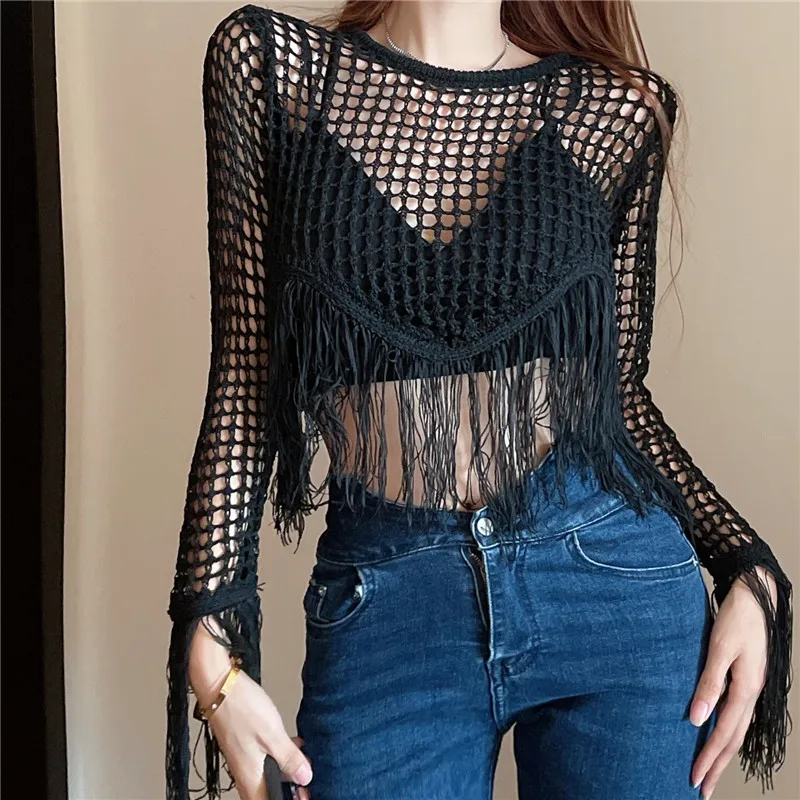 

Женский трикотажный пуловер с круглым вырезом, с длинным рукавом