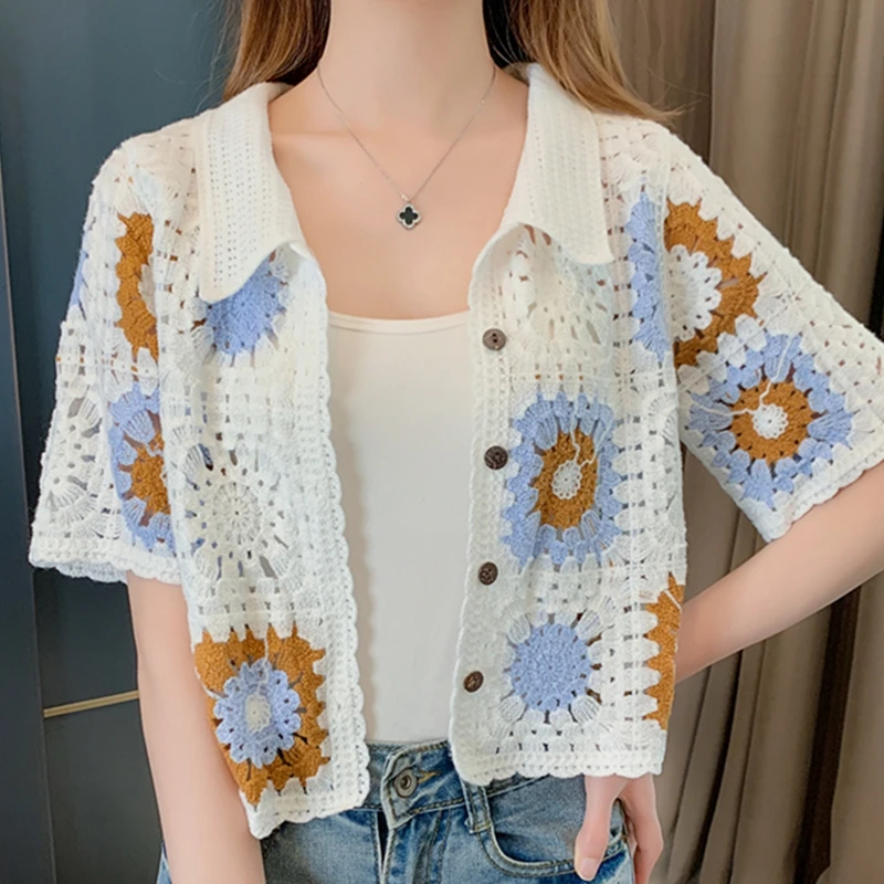 

Embroidered Cotton Linen Shirts Women's Cardigan Casual Short Sleeve Hollow Crochet Flower Cropped Tops Spring Summer Clothing