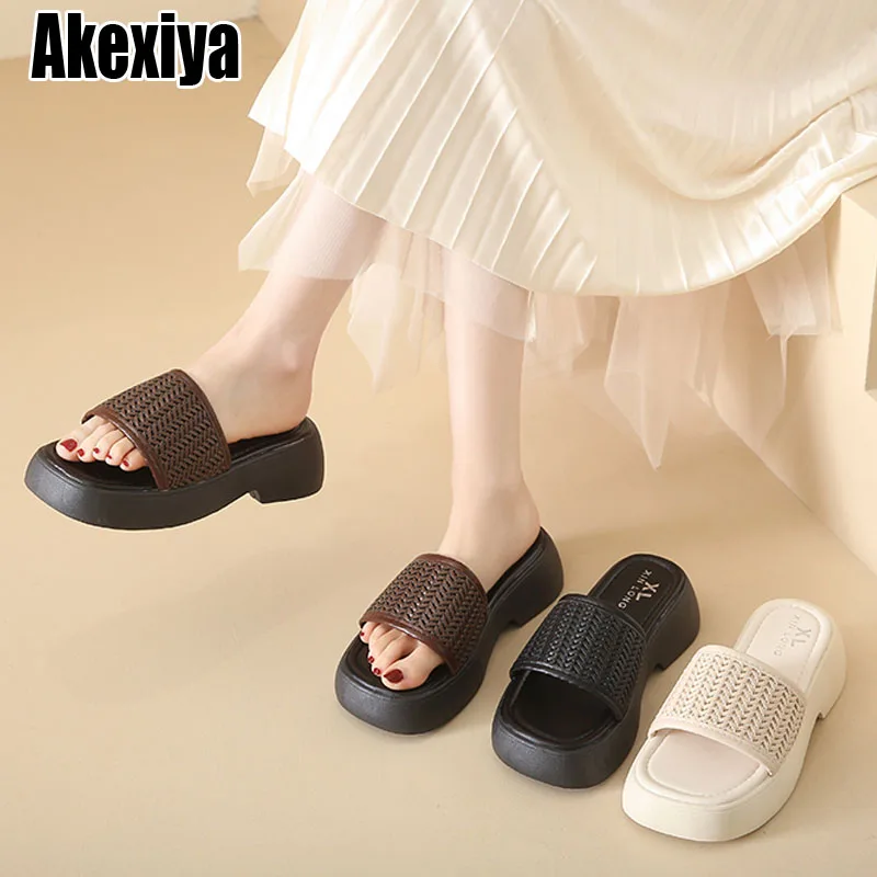 

2023 Summer Slippers Fashion Open Toe Women Slides Ladies Comfort Thick Sole Wedges Beach Vacation Sandalias Flip Flop