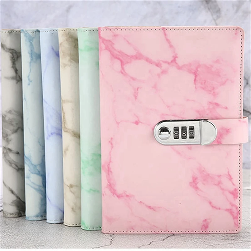 2X A5 Marble Texture Journal Writing Notebooks With Combination Lock Personal Diary Office Notepad Agenda - Blue &amp Gray | Канцтовары