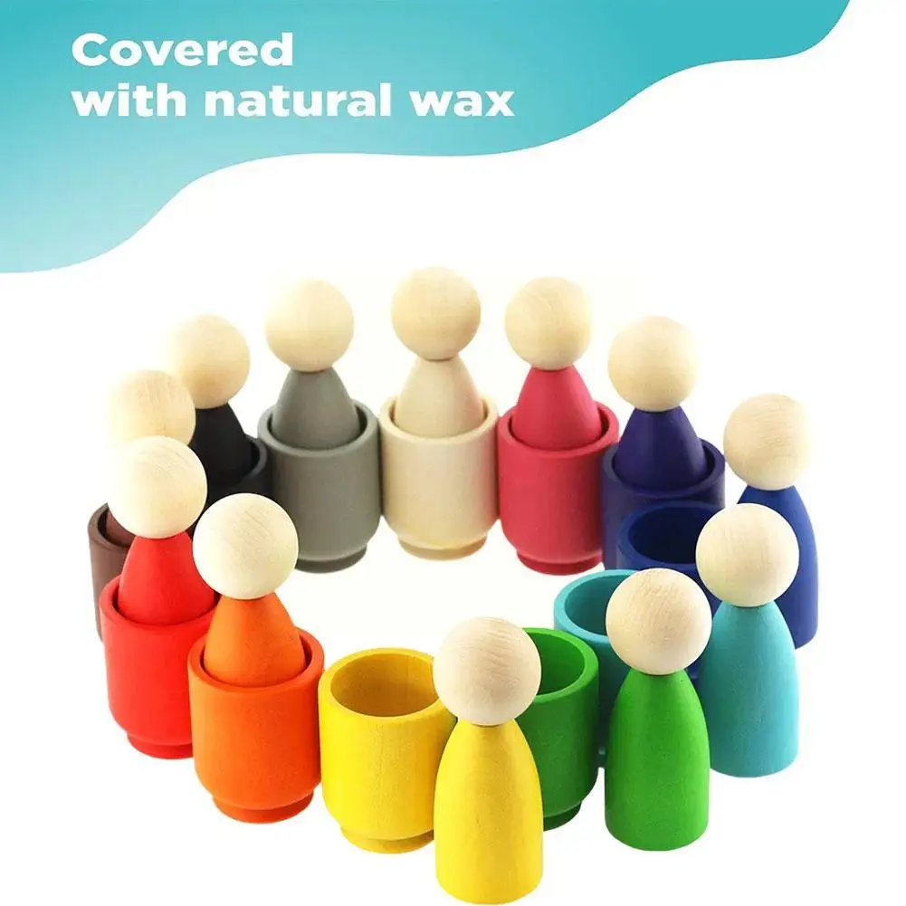 

Деревянные радужные блоки, игрушки Монтессори, 12 друзей, колышки, ролевые детские куклы, фигурки, тело, человеческие игрушки, обучающие B M1n2