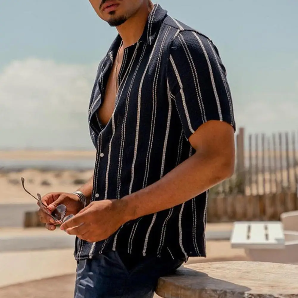 Men Shirt Handsome Stripe Print Turn-Down Collar Single-Breasted Summer Tops Beach T-shirts Men Blouse Blusas Camisa Masculina