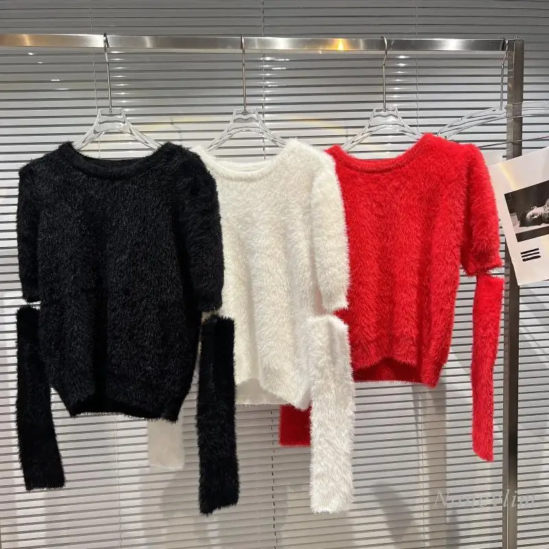 

Свитер женский с длинным рукавом, элегантный вязаный мягкий норковый нарукавник с круглым вырезом, весна 2022