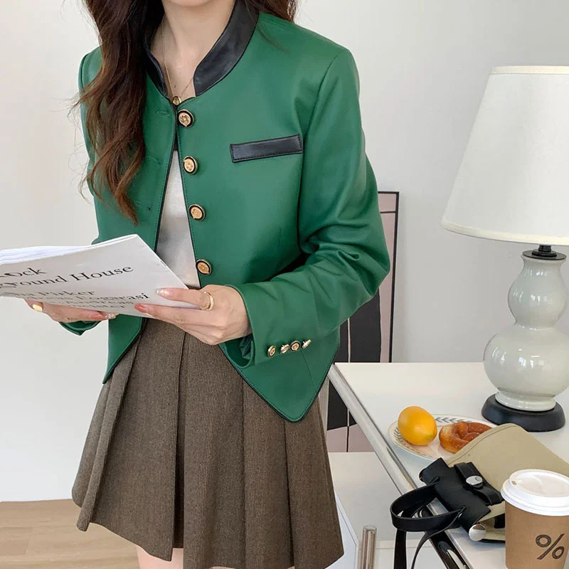

Jacket Sheep Women's Spring Fashion Short Irregular hem Slim Outerwear Stand Collar Gold Button Motorcycle Leather Coat