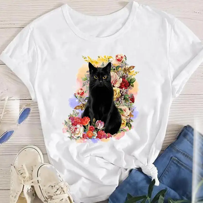

Fashion Cartoon Tees Women Short Sleeve Lady Female Graphic Cat Watercolor New Lovely 90s Tops Clothes Print Tshirt T-Shirt