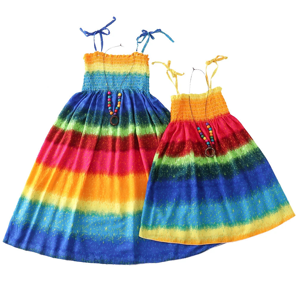 Summer Mommy and Me Dresses Family Matching Clothes Rainbow Sling Dress Bohemia Beach Mother Daughter Dresses Family Look