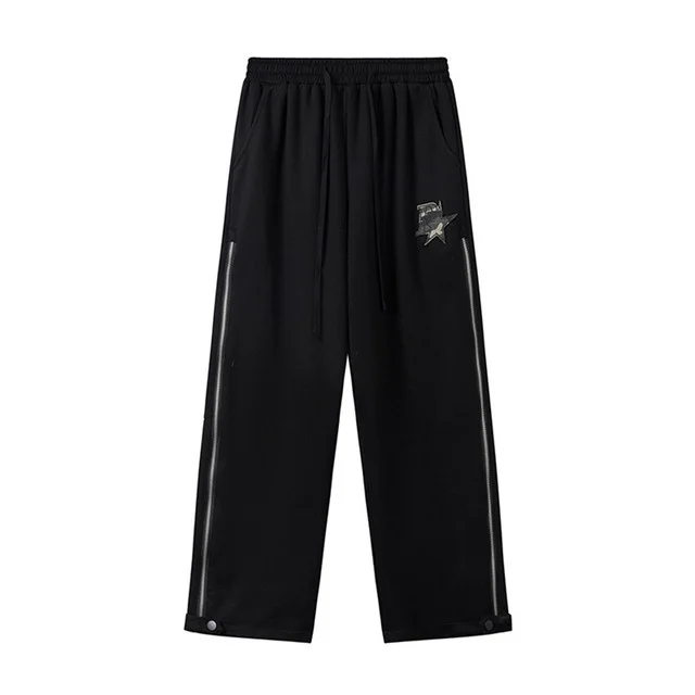 

Patch Embroidery Casual Pants Mens Patchwork Autumn Winter Casual Streetwear Loose Split-Hem Trousers Men