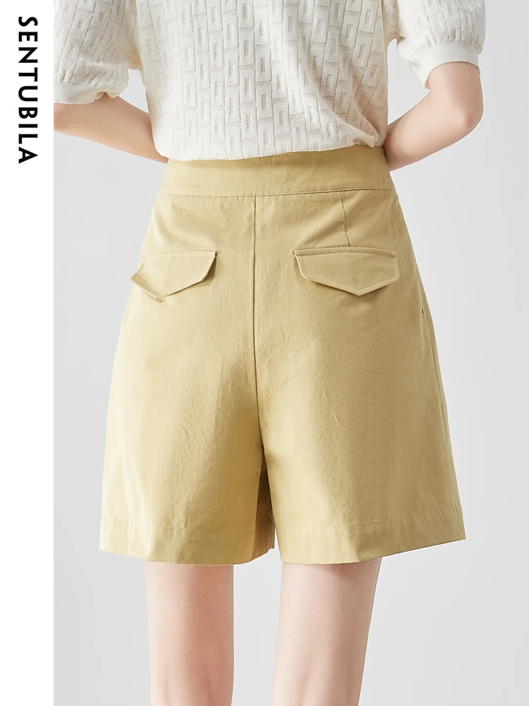 Sentubila 100% Cotton Casual Shorts for Women Fashion 2023 Straight Wide Leg High Waist Summer Pleated Short Pants with Pockets