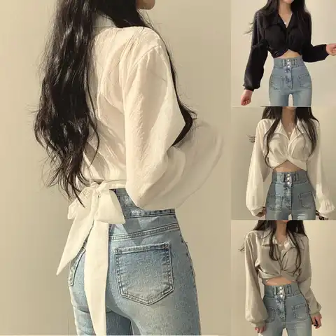 Vintage Y2K Streetwear Harajuku Sexy Women Blouse Crop Top Korean Style Trends Black White Long Sleeve Shirt Female Tunic Chic