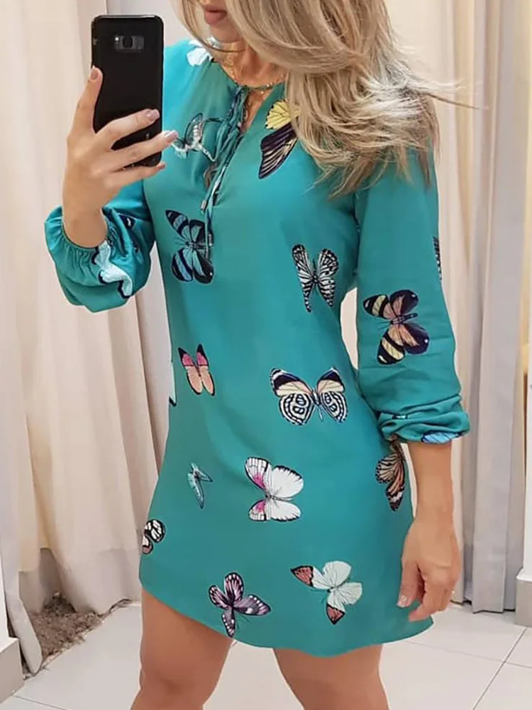 

2023 Women's Fashion V-Neck Strap Lantern Sleeve Mid Dress Dress