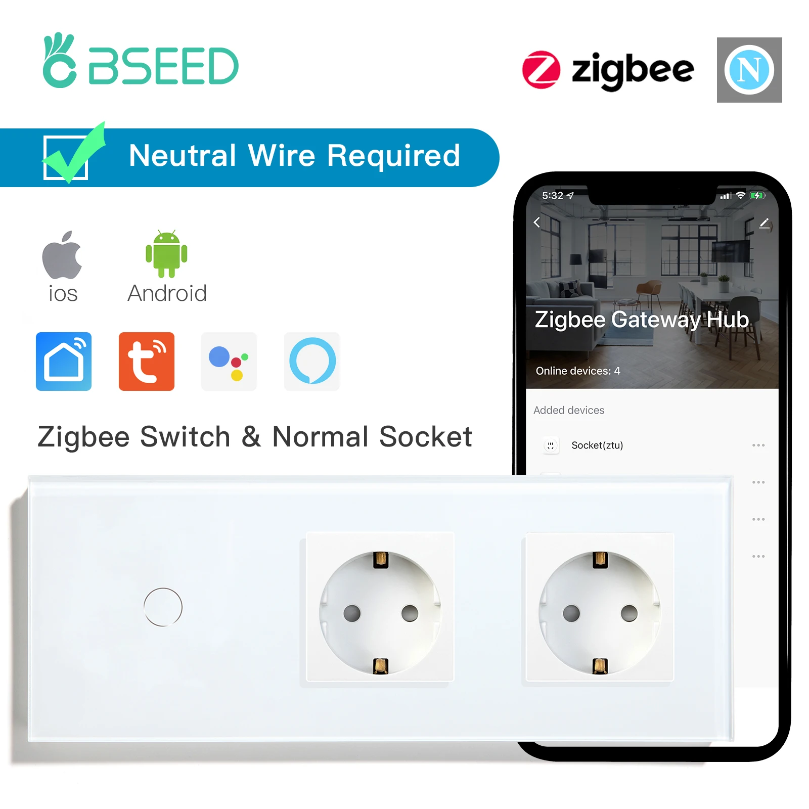 

Настенный сенсорный выключатель BSEED Zigbee, умный светильник ель света 1/2/3 клавиши, 1/2/3 клавиши, управление смартфоном Google Alexa