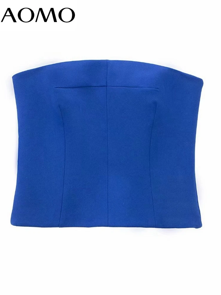 

AOMO Women Blue Strapless Off Shoulder Camis Tank Tops Vintage Backless Side Zipper Female Camis 3H279A
