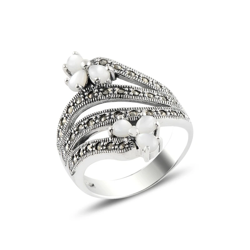 Silver 925 Sterling Pearl & Marcasite Ring