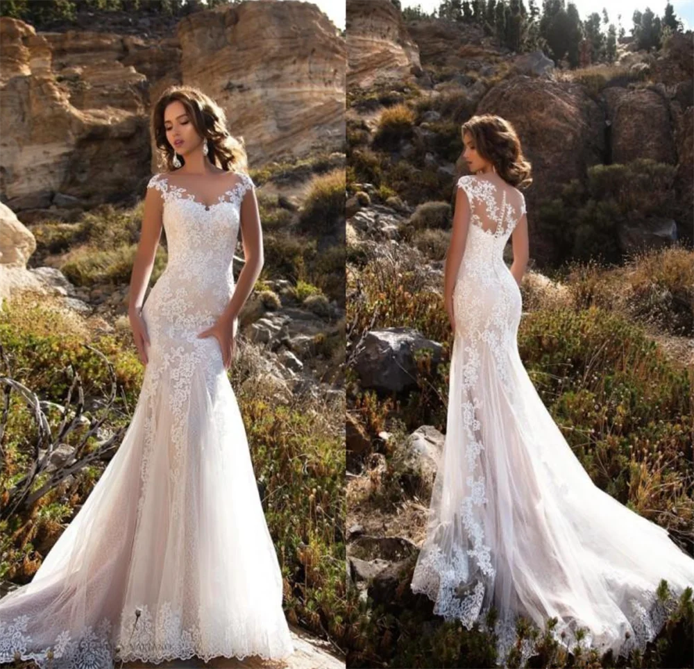 

Simple Boat Neck Lace Applique Mermaid Sheer Back Sweep Train Wedding Dress Bride Gown Vestidos De Novia robe mariée