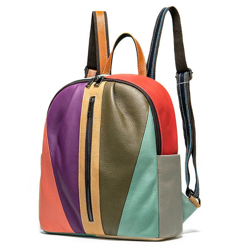

Stitching Color Genuine Leather Waterproof Backpack Women First Layer Cowhide Luxury Design Multi-layer Large Capacity Women Bag