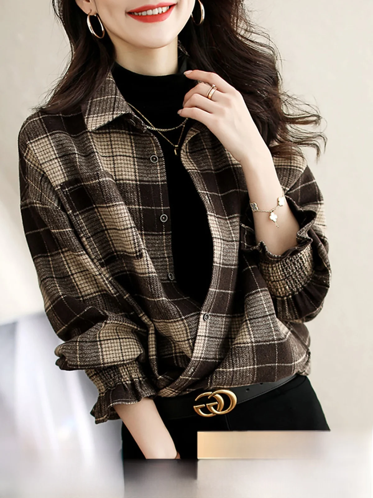 Sanding Plaid Shirts Outerwear Women's Clothes Spring and Autumn Winter 2024 New Elegant Top Shirt Long sleeve