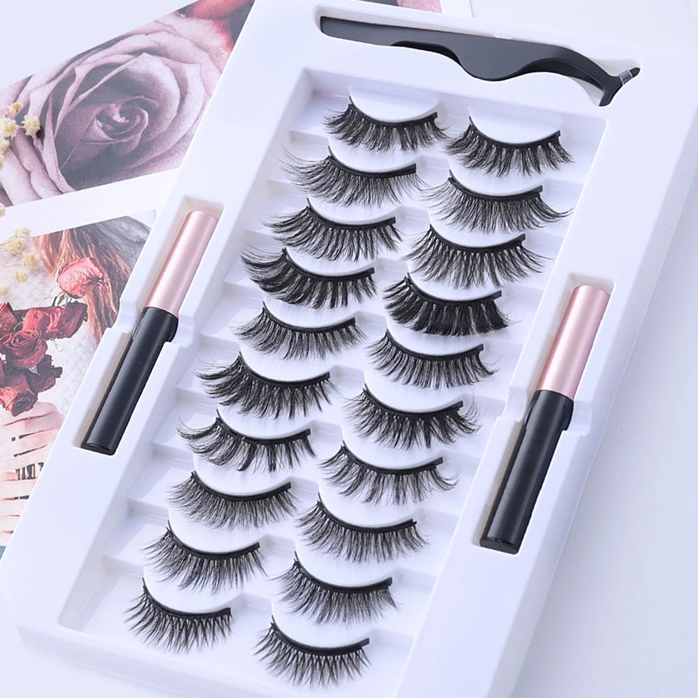 

10 Pairs 3D Magnetic Natural Eyelashes Eyeliner Set Mixed Style Curler Magnetic Handmade False Lashes Makeup Eyelash Tool