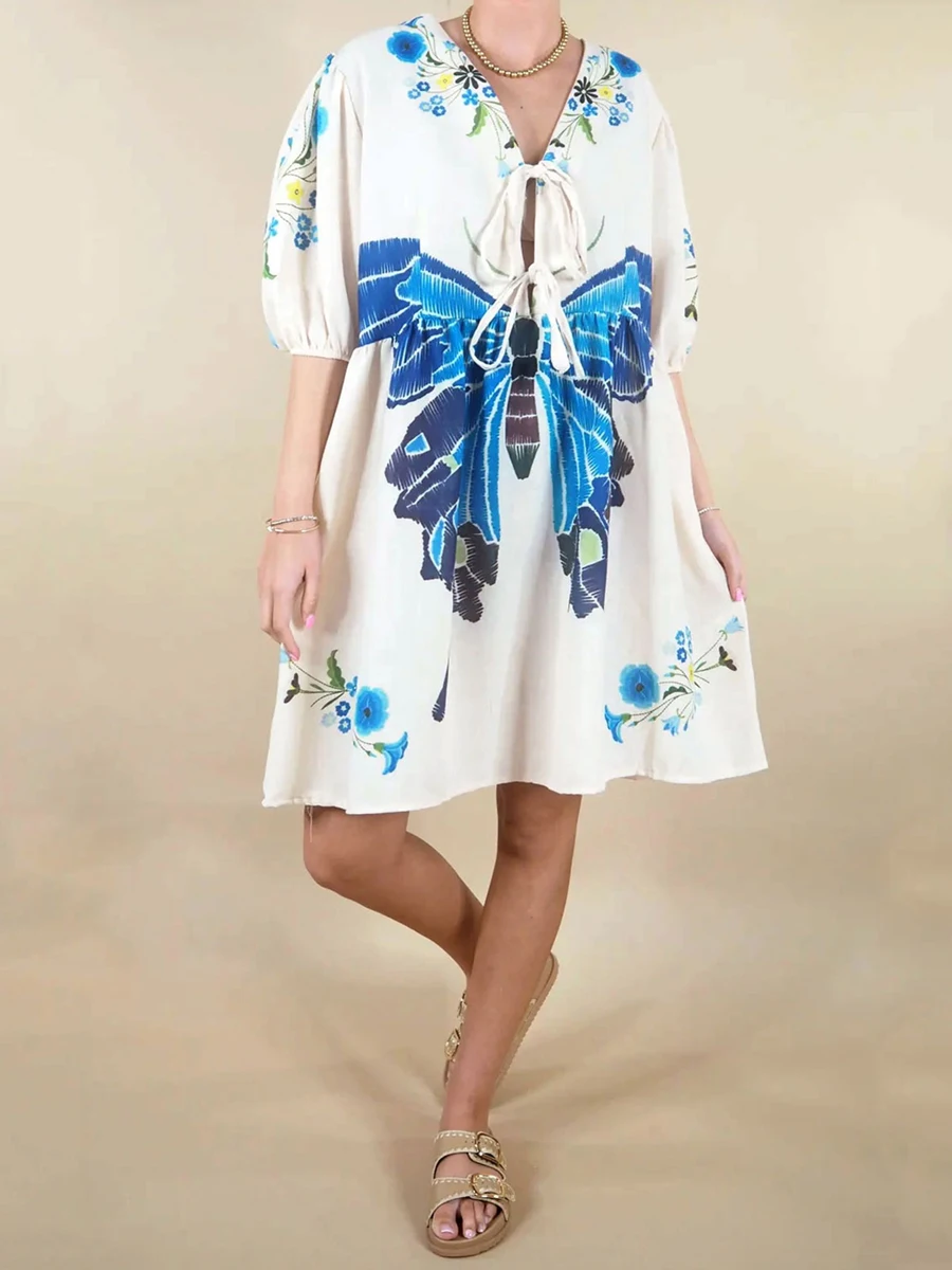 Женское летнее платье-трапеция с цветочным принтом коротким рукавом-фонариком