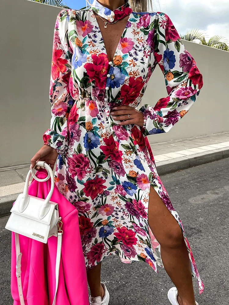 

Women Floral Printed Party Dress Beach Style Deep V-Neck Spring Summer Ladies Split Dress Long Sleeve Elegant Streetwear Vestido