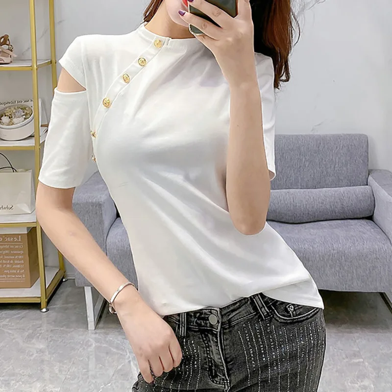 

#7444 черная, белая, зеленая короткая футболка, Женская Сексуальная футболка с коротким рукавом и пуговицами, женская футболка с коротким воротником