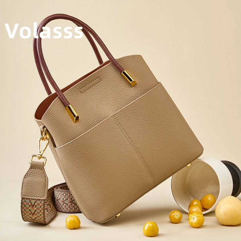 

VOLASSS Genuine Leather Bucket Bag For Women New Large Capacity Handbag Ladies High Quality Casual Crossbody Bags Small Cowhide