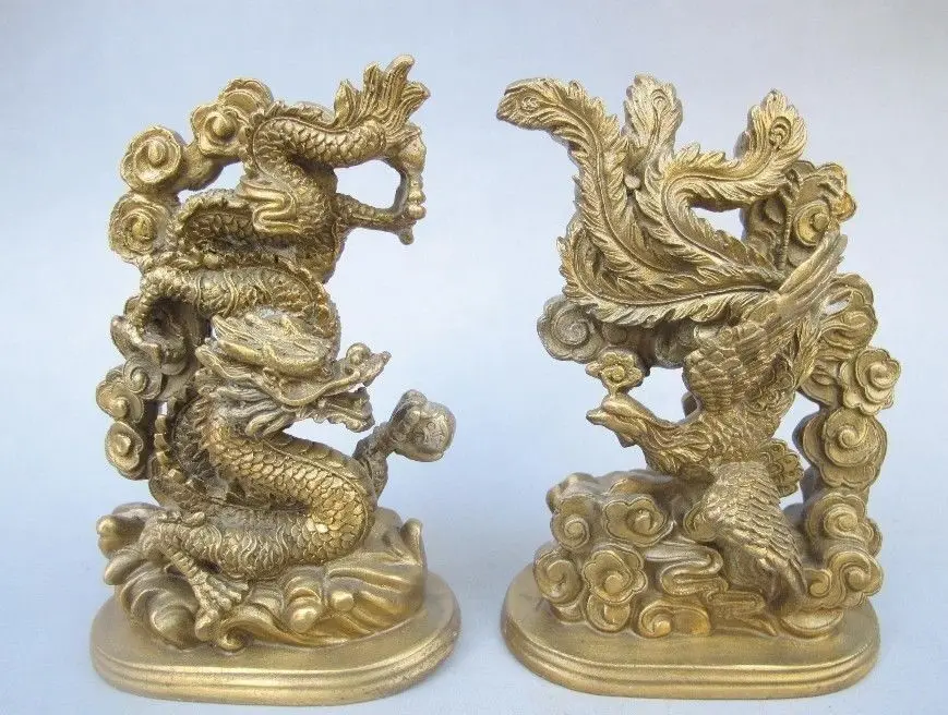 

5.6" Collect China Fengshui Brass Carved Dragon Phoenix Mascot Statue Pair