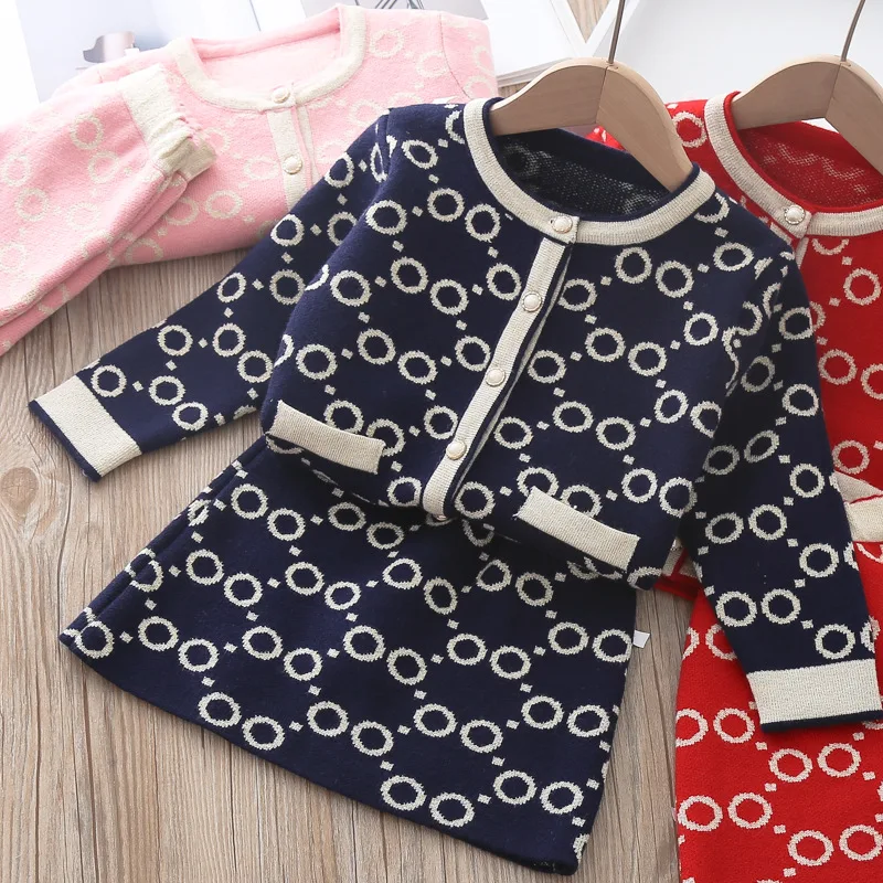 

2022 New Winter Girls Clothes Circle Dot Long Sleeve T-shirt And Skirt Two Pieces Spring Kids Clothing Girls Knitted Sweater Set