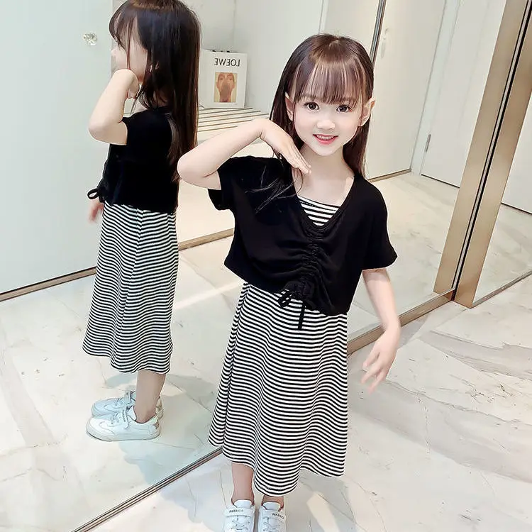 

2022 Summer Teenage Girls Clothing Sets Fashion Children's Clothes T-Shirt + Suspenders Dress 2Pcs Suit Kids Girls Outfits A79