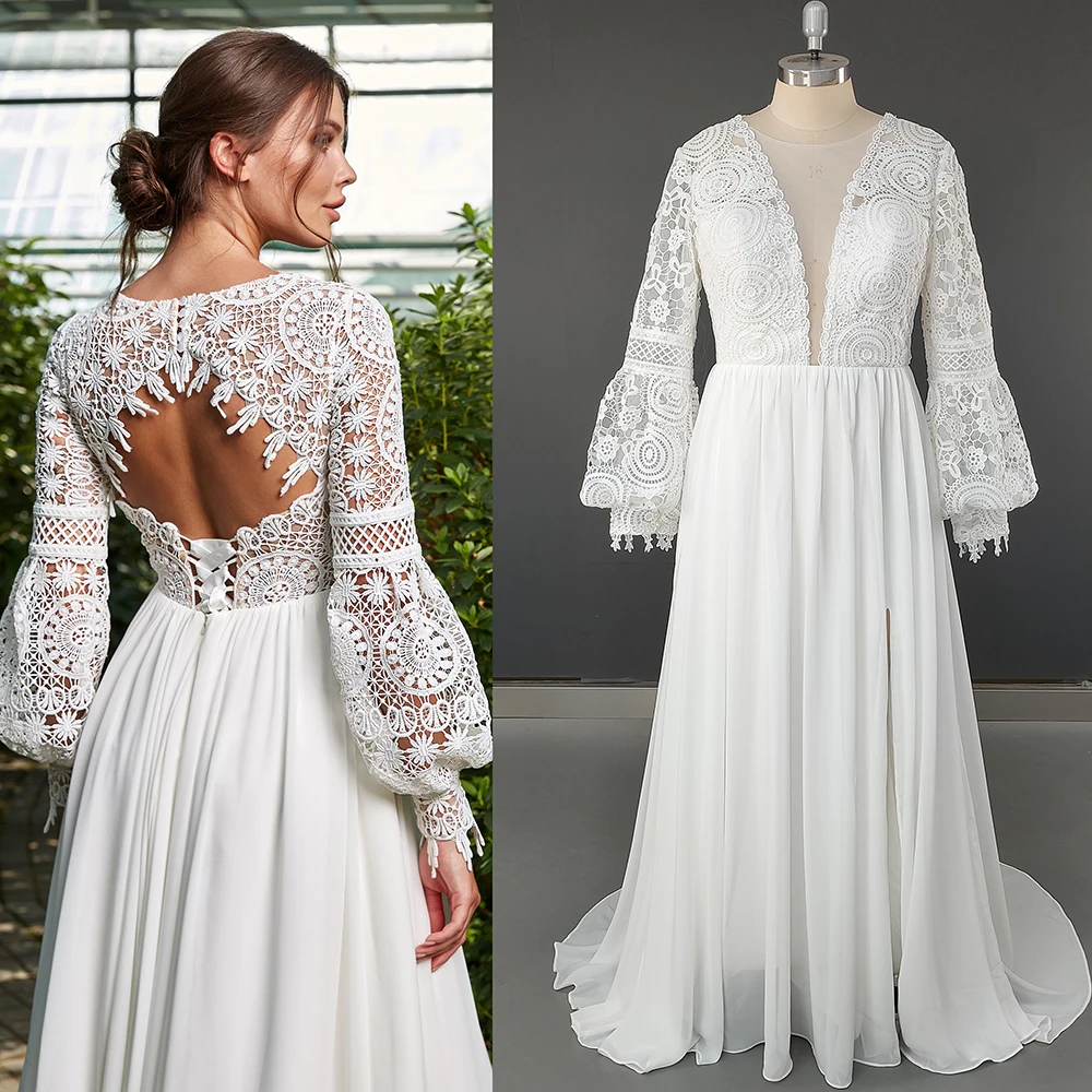 

True Photos Open Corset Back Bohemian Chiffon Wedding DressA Line Lace Long Lantern Bishop Sleeves V Neck High Slit Bridal Gowns