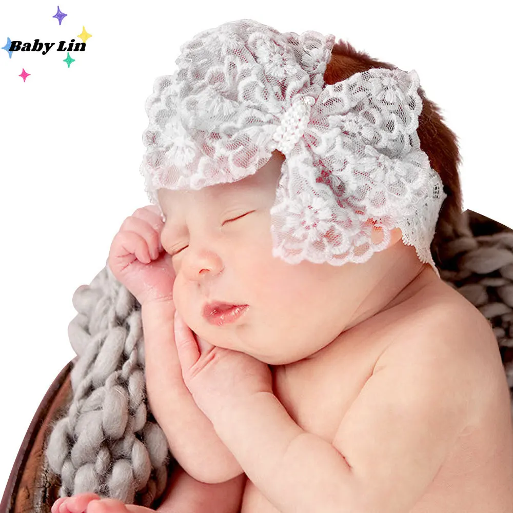

Kids Hair Accessories Withe Lace Bow Flower Baby Headband Girl Elastic Bowknot Hair Bands Newborn Photo Props Headwear