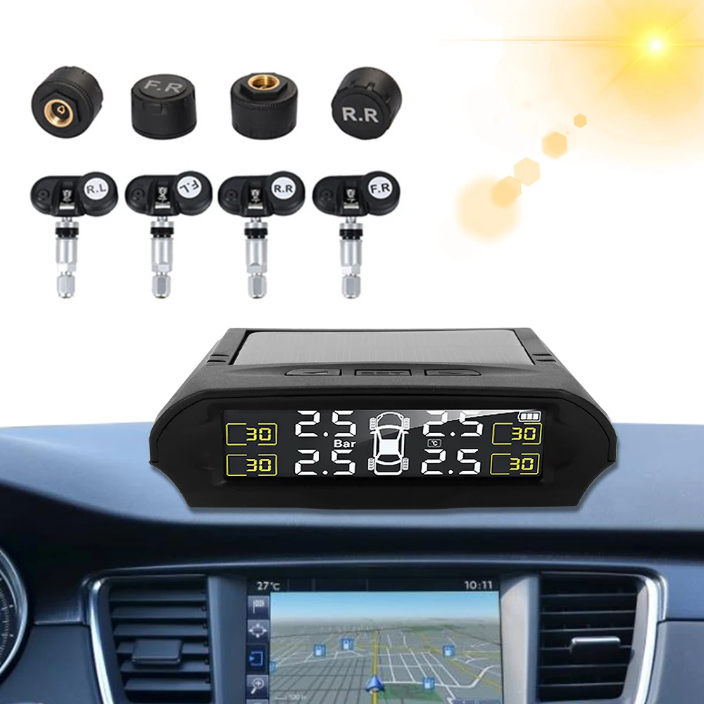 

Solar Power Car TPMS Tire Pressure Sensors Tyre Monitoring System LCD Smart Digital USB Adapter Automotive Accessories Universal