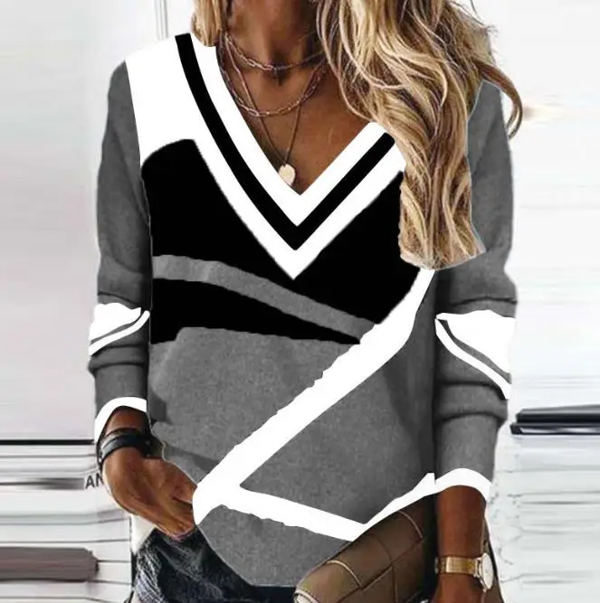 

Кашемировый модный контрастный свитер с V-образным вырезом и геометрическим принтом, новинка 2023, Лидер продаж, свободный облегающий темпераментный свитер с длинными рукавами, одежда