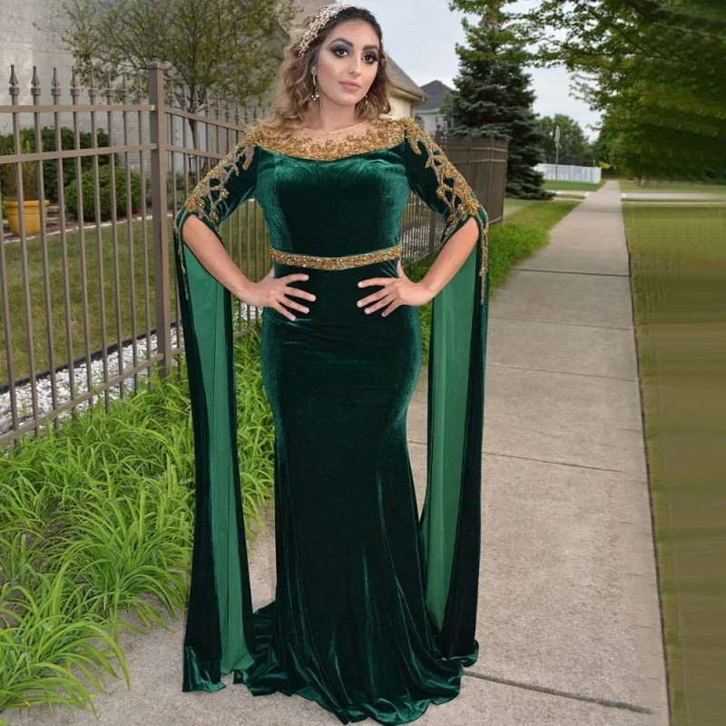 

Green Cape Sleeves Mermaid Evening Dresses 2022 Customized Best Price Velvet Formal Party Gowns Elegant