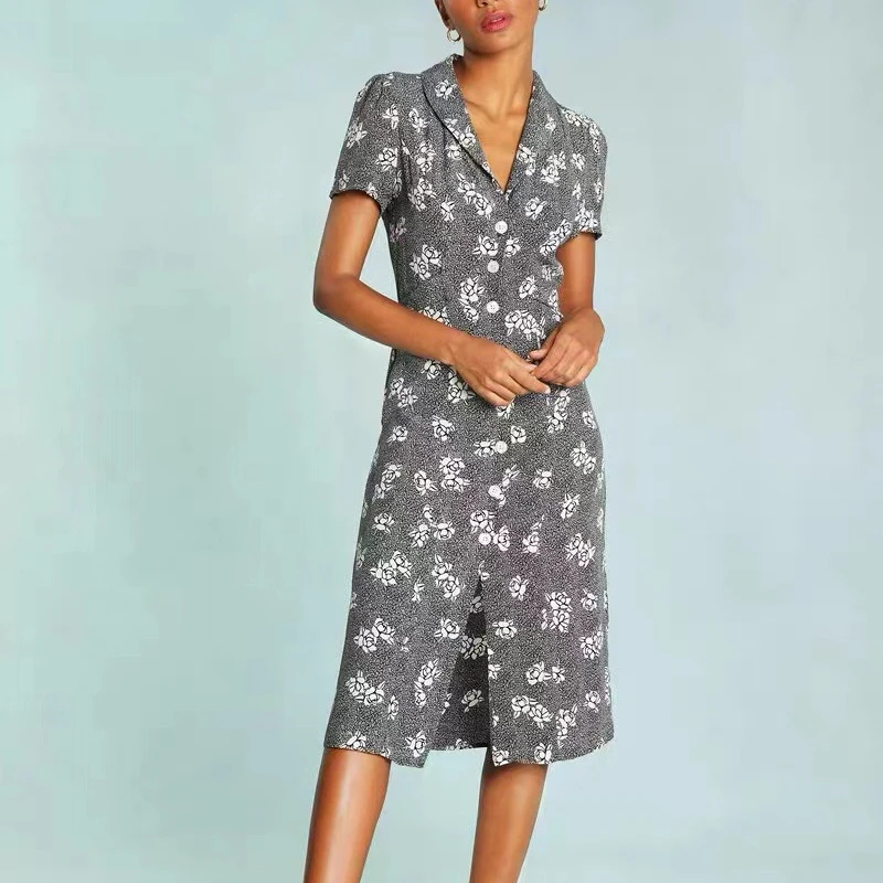 Women's Lapel Flower Print Dress Single Breasted Waist Slim Midi Skirt Short Sleeve Elegant Robe Summer Streetwear