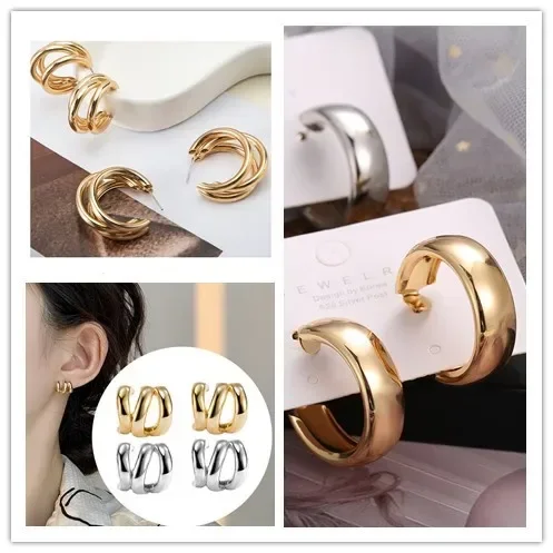 Новые модные простые серьги-кольца золотого серебряного цвета для женщин и