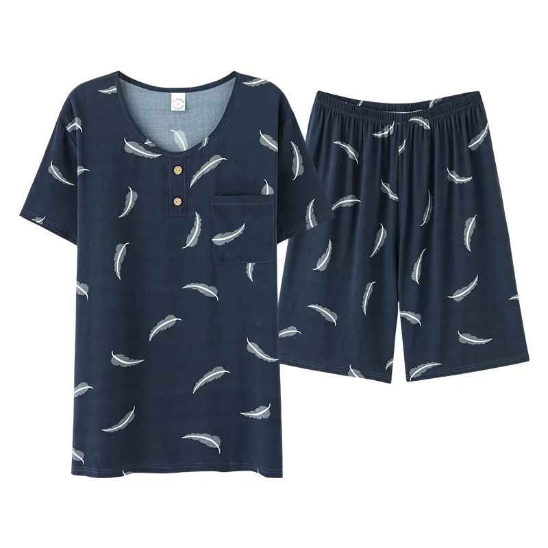 CAIYEIR 2022 Men Grid Print Pajamas Set Summer Short Sleeve Shorts Sleepwear For Men Loose Soft Cotton Nightwear Lounge Wear 3XL