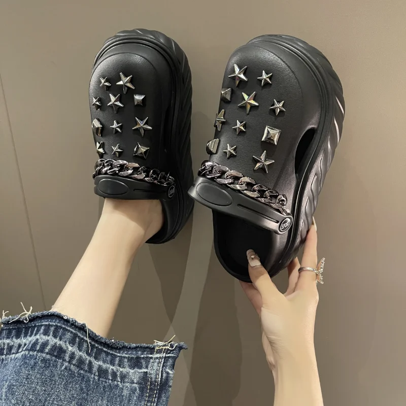 2023 Summer Street Slippers Women Fashion Clogs Thick Sole Garden Shoes Female Platform Slides Cut-out Girls Sandals With Chain