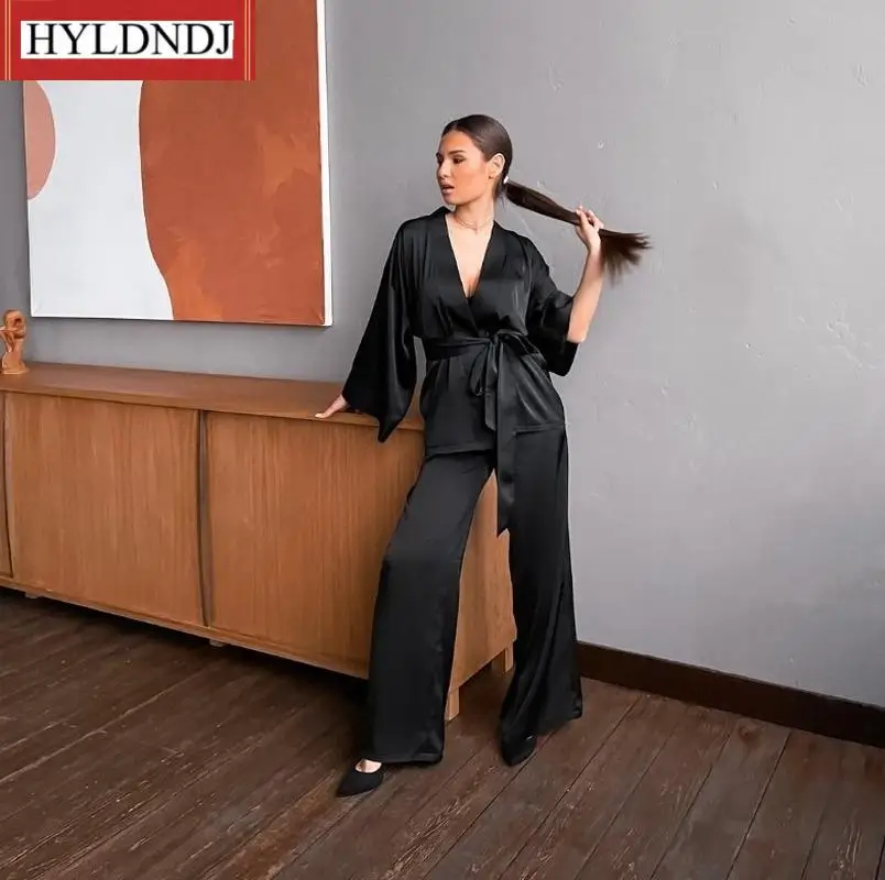 New Casual Sleepwear Female Home Suits Solid Women Robes with Sashes 2 Piece Set Wrist Sleep Tops Satin Pants Loose Pajamas