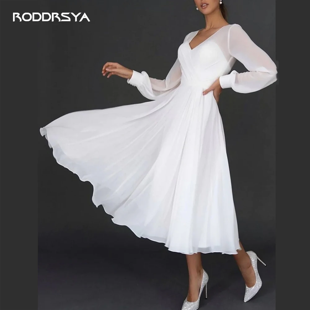 

Gauze A-Line Wedding Dresses for Women V Neck Tea Length Chiffon Long Sleeve Simple Vintage Little White Dress with Pleats