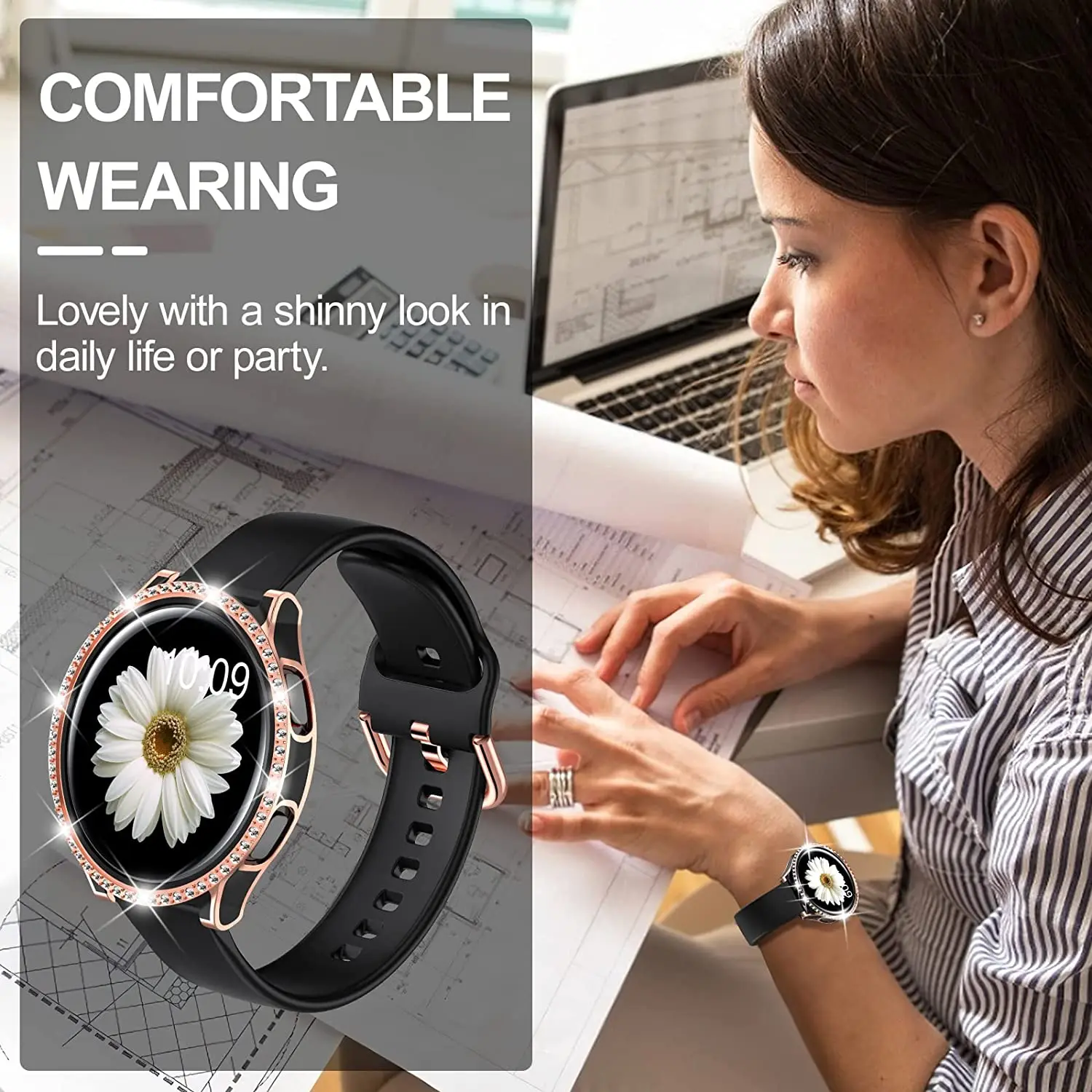 Фото Блестящий жесткий чехол из поликарбоната с закаленным стеклом для Samsung Galaxy Watch 4, 40 мм, 44 мм, чехол-бампер со стразами для женщин №5
